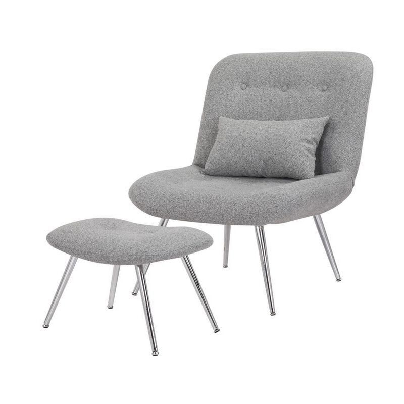 Lea 2pc Modern Lounge Chair and Ottoman Set, Gray Woven Upholstery, Chrome - Benzara