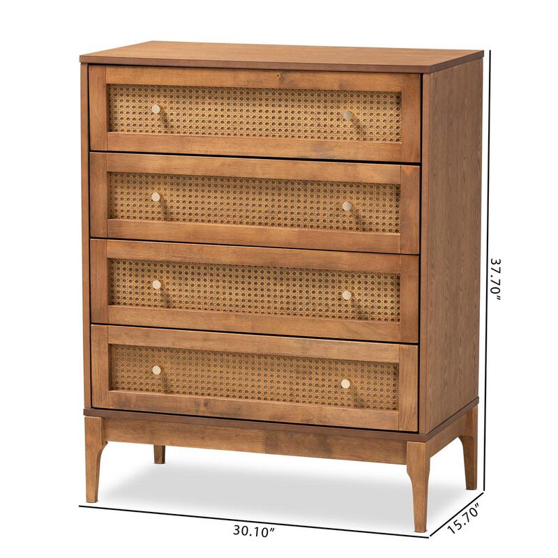 Baxton Studio Ramiel Mid-Century Modern Ash Walnut Finished Wood and Rattan 4-Drawer Chest