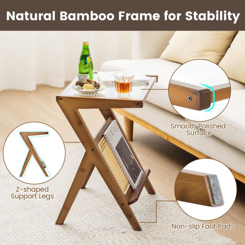 Hivvago Boho End Table with Magazine Rack and Tempered Glass Top