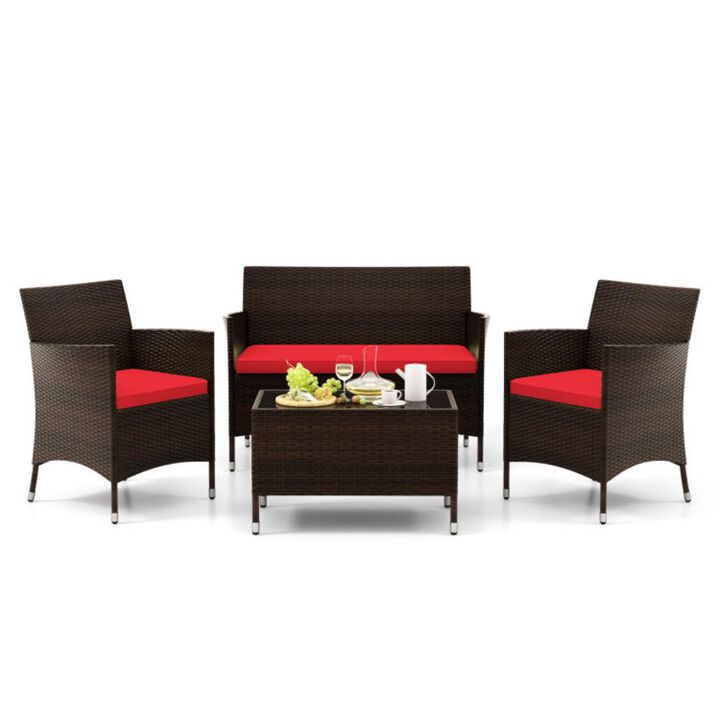 Hivvago 4 Pieces Comfortable Mix Brown Outdoor Rattan Sofa Set with Glass Coffee Table