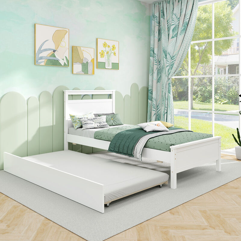 Twin Size Wooden Bed Frame with Trundle for Teens and Adults