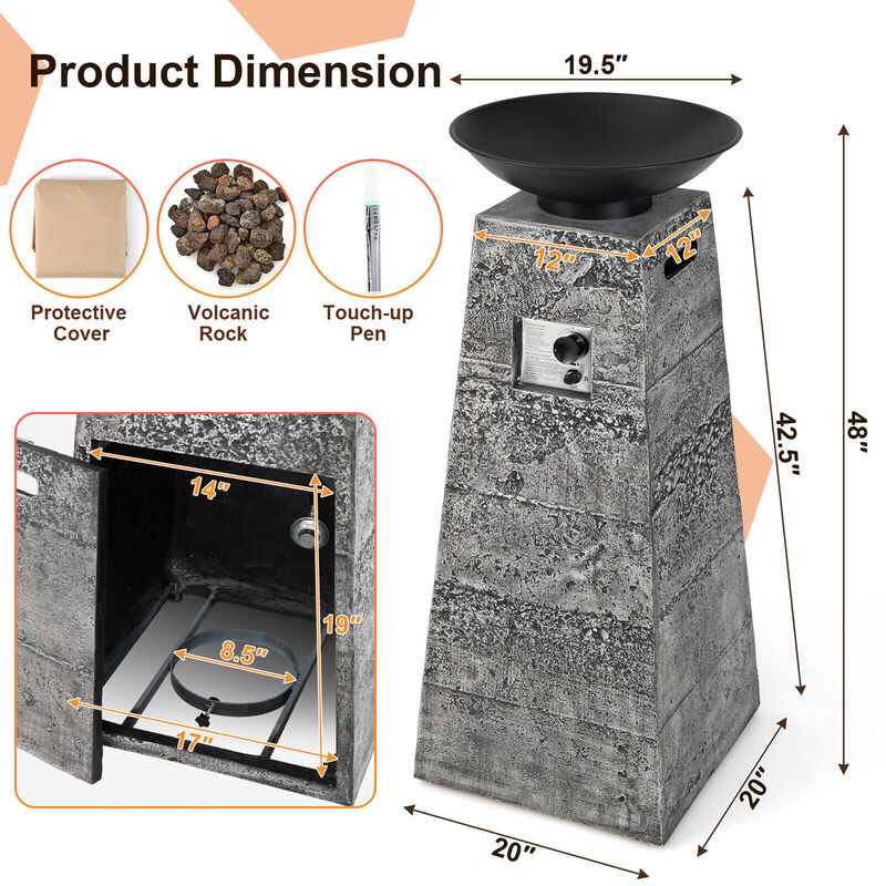 48 Inch Propane Fire Bowl Column with Lava Rocks and PVC Cover-Grey
