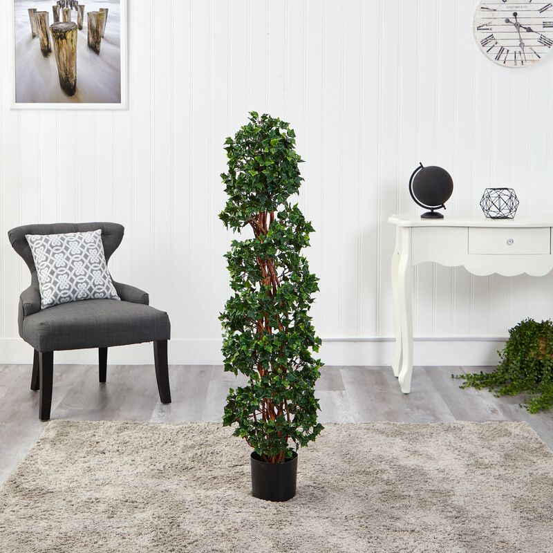 Hivvago 4.5 Feet English Ivy Spiral Topiary Artificial Tree with Natural Trunk UV Resistant (Indoor/Outdoor)