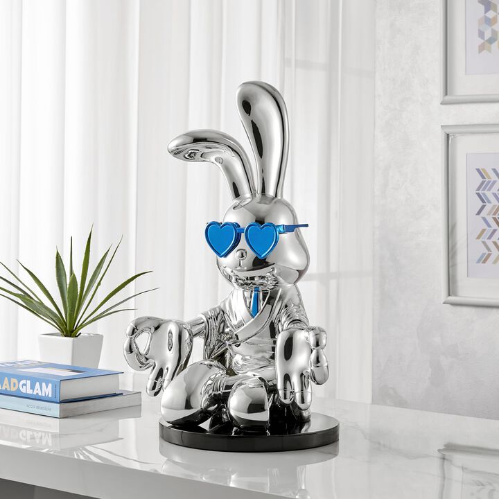 Sitting Rabbit with Tie and Glasses Sculpture Chrome and Blue Resin Handmade