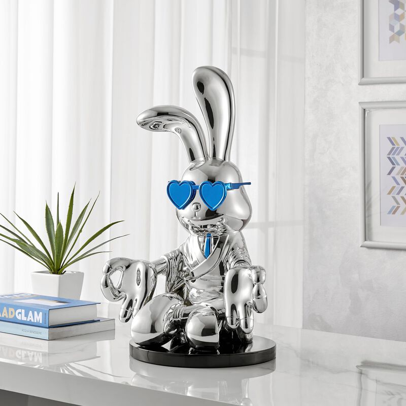 Sitting Rabbit with Tie and Glasses Sculpture Chrome and Blue Resin Handmade