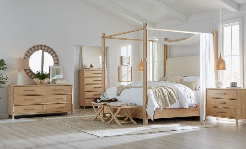 Retreat Pole Rattan Cal King Upholstered Poster Bed and Canopy