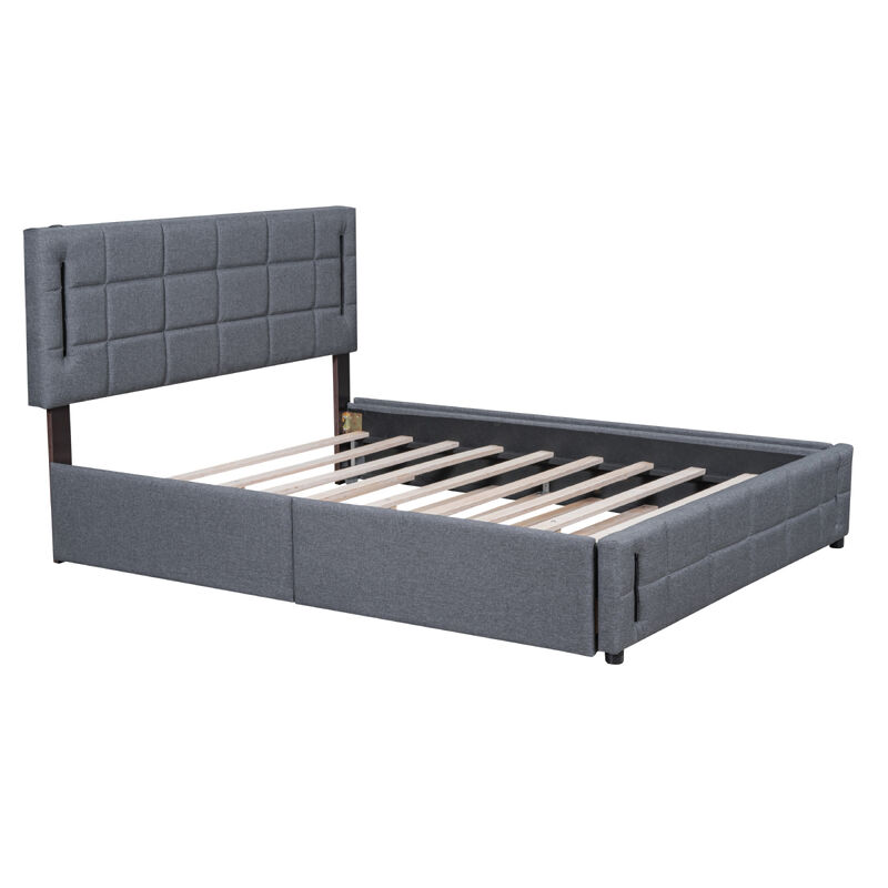 Streamdale Queen Size Upholstered Platform Bed With Trundle And Drawers, Gray