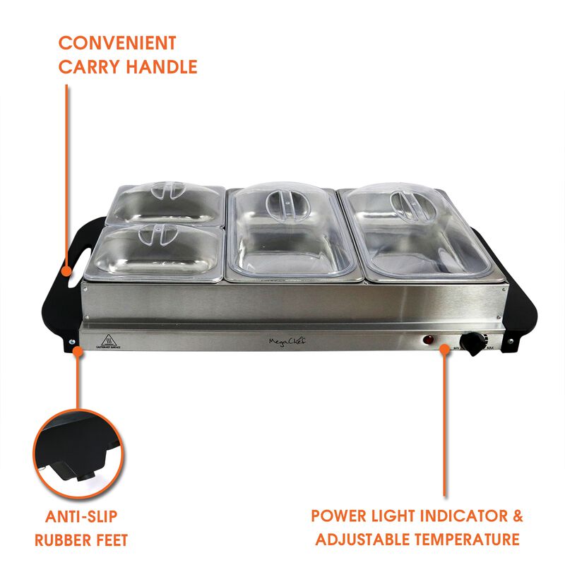 MegaChef Buffet Server & Food Warmer With 3 Removable Sectional Trays , Heated Warming Tray and Removable Tray Frame