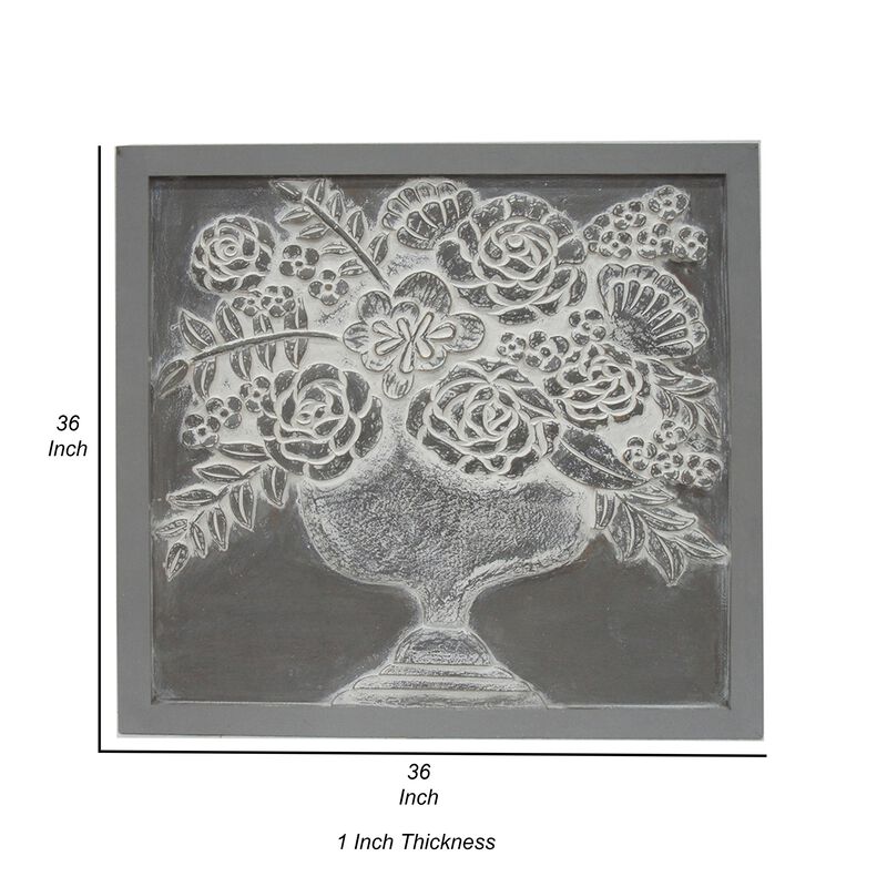 36x36 Inch Wall Art Panel, Carved Flower Vase Design, Gray White Wood - Benzara