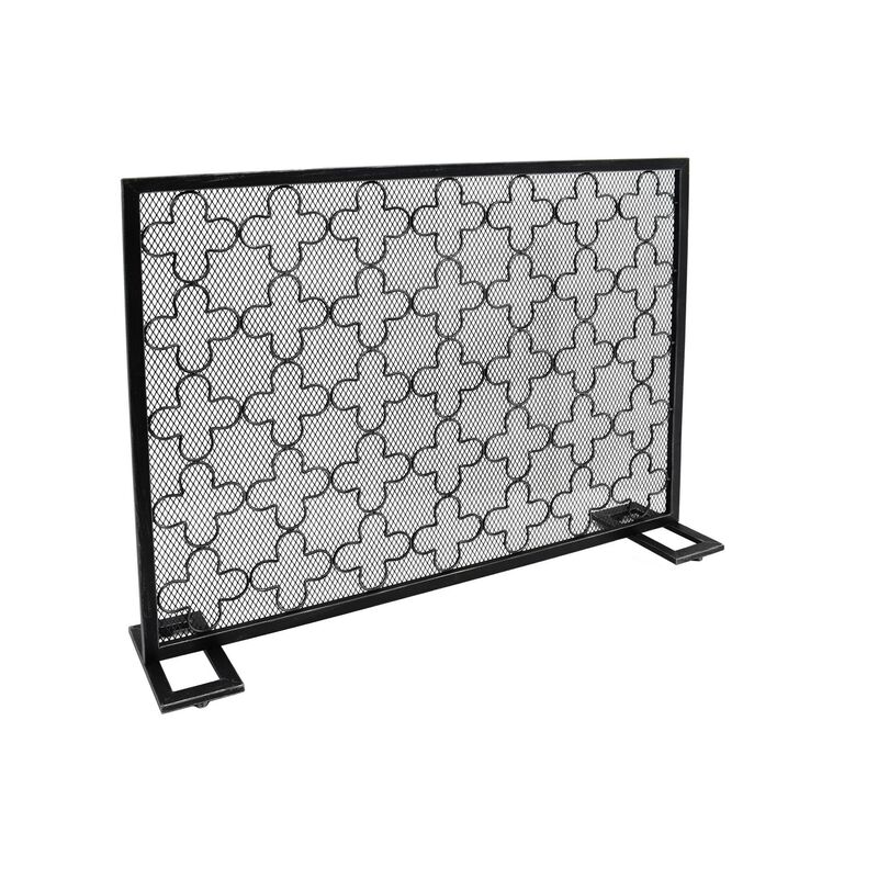 30x41 Fireplace Screen, Classic Clover Trellis Pattern, Black Iron -Benzara