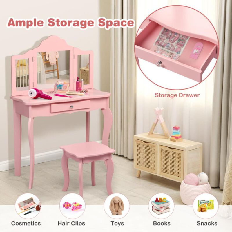 Hivvago Kids Makeup Dressing Mirror Vanity Table Stool Set-Pink