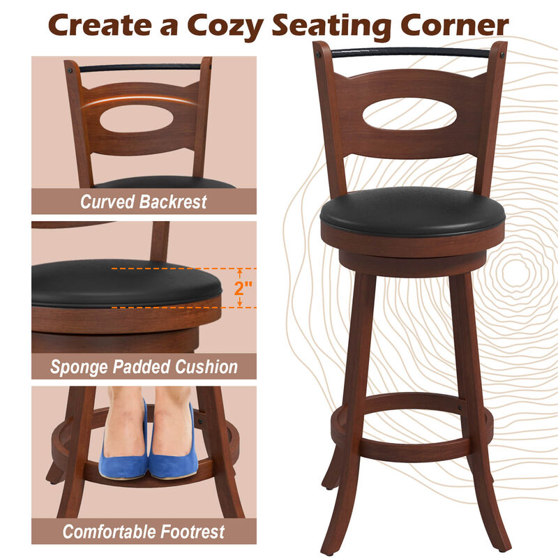 2 Pieces 29 inch Swivel Bar Stools with Curved Backrest and Seat Cushions