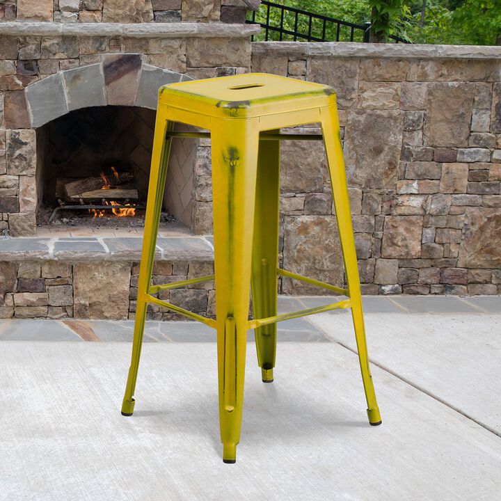 Flash Furniture Kai Commercial Grade 30" High Backless Distressed Yellow Metal Indoor-Outdoor Barstool