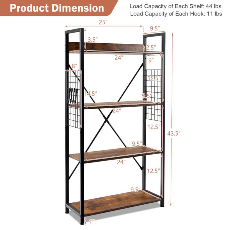 Hivvago 4 -Tier Industrial Open Storage Bookshelf-Coffee