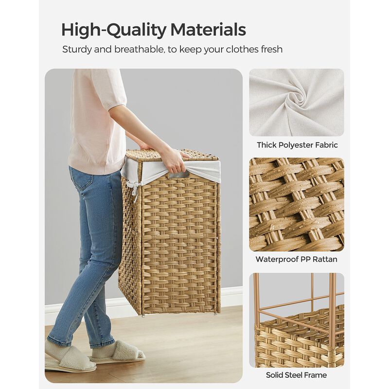 Handwoven 160L Rattan-Style Laundry Hamper with 3 Compartments and Removable Liner
