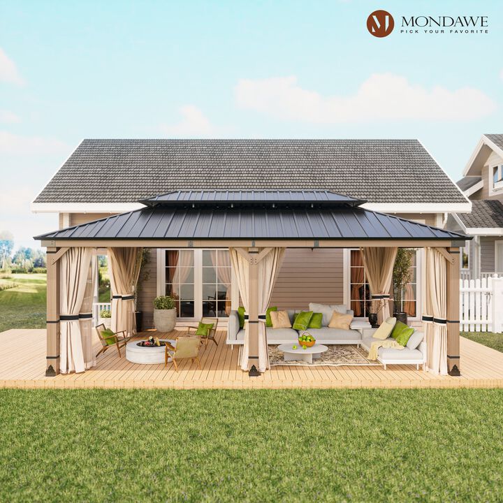 Mondawe Beverly Hills 12 ft. x 20 ft. Outdoor Fir Solid Wood Frame Patio Gazebo Canopy Shelter Galvanized Steel Hardtop with Netting And Curtain