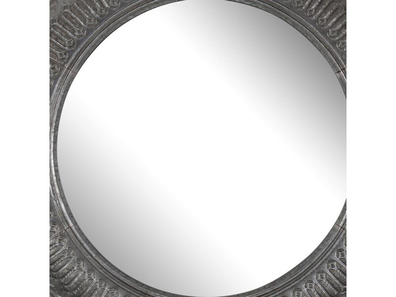 Round Wall Mirror with Thick Embossed Metal Border, Antique Gray-Benzara