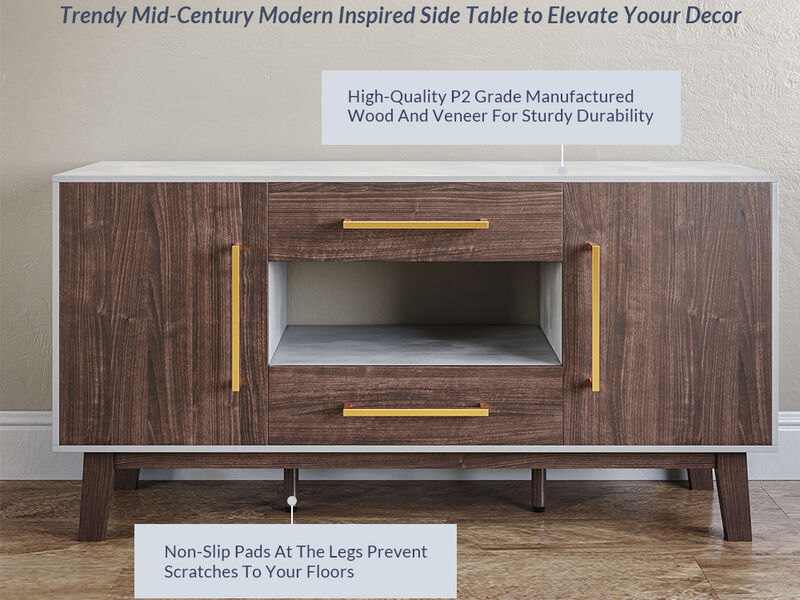 BELLEZE Mid-Century Modern Side Table with Two Drawers and Enclosed Cabinets, Sideboard Buffet Table for Kitchen, Living Room, or Hallway - Tristan (Dark Walnut)