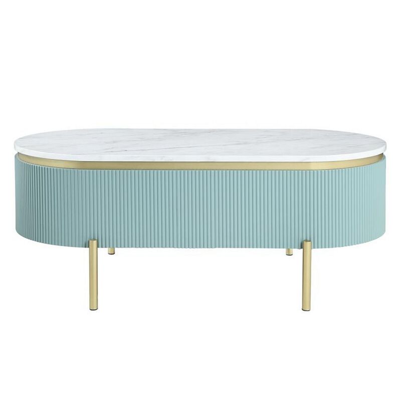 Ville 48 Inch Oblong Coffee Table, White Faux Marble Top, Teal Reeded Edges-Benzara