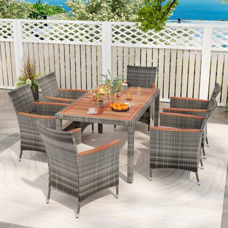 Hivvago 7 Pieces Patio Acacia Wood Cushioned PE Rattan Wicker Dining Set