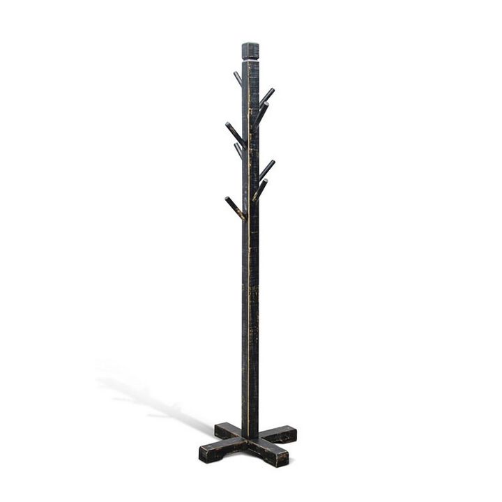 Rena Coat, Hat Rack Stand, 8 Wood Stems, 72 Inch Rustic Black Mahogany - Benzara