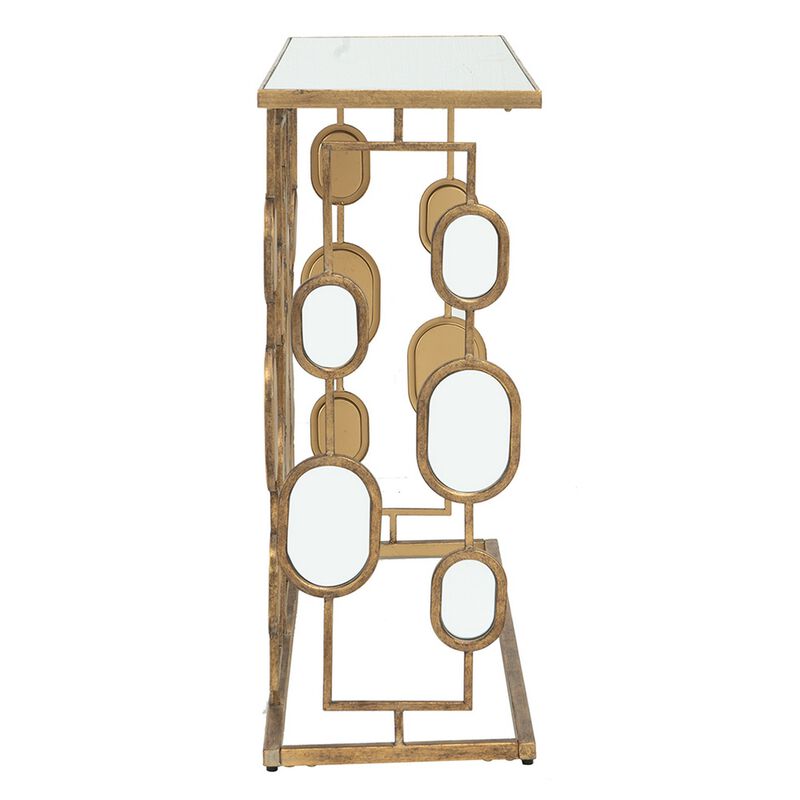 39 Inch Iron Console Table, Modern Contemporary Mirror Top, Rustic Gold-Benzara