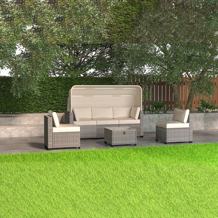 Mondawe 6 Pieces Patio Furniture Sets, Outdoor Rattan Daybed with Retractable Canopy, Outdoor Sectional Sofa Set with Adjustable Backrest, Chaise Chair Sunbed for Garden Poolside Backyard
