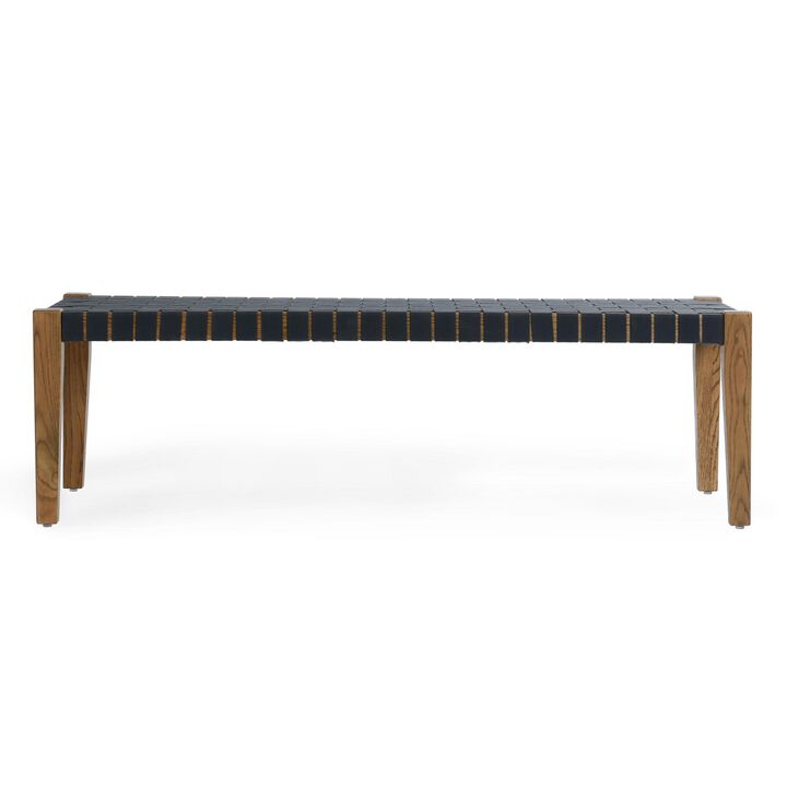Lina Dining Bench, Brown Oak Wood, Charcoal Gray Polyester, 60 Inch - Benzara