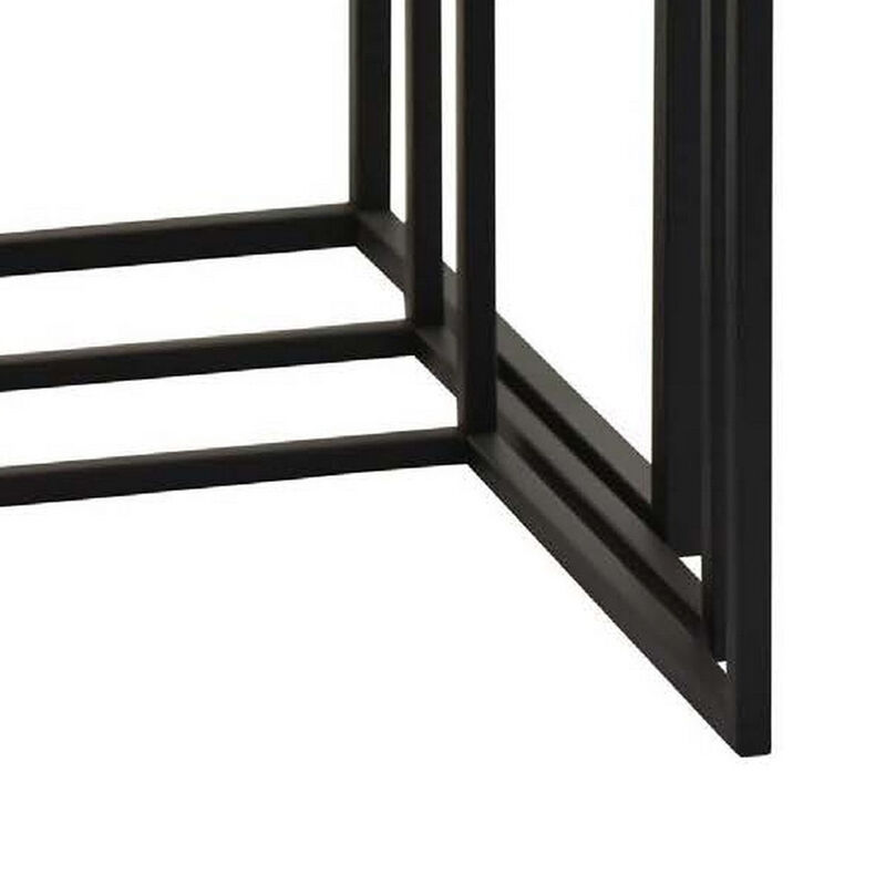 Plant Stand Table Set of 3, Nesting Open Black Metal Frame, White Top - Benzara