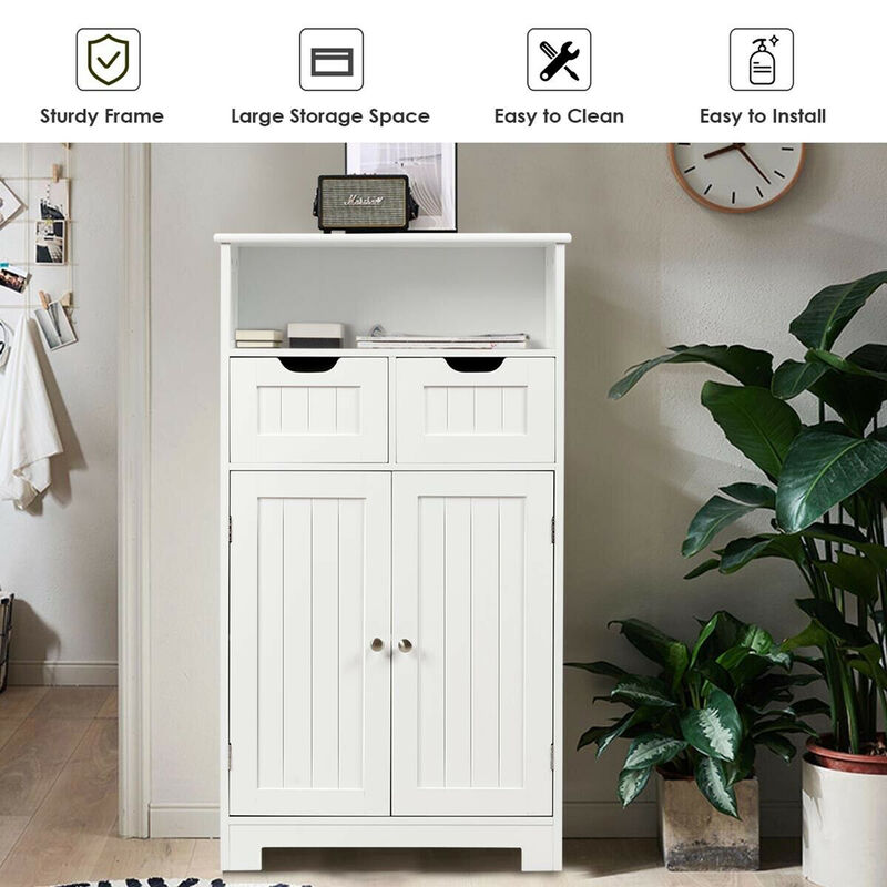 Costway Bathroom Floor Cabinet Wooden Storage Organizer Side Cabinet W/2 Drawer 2 Doors