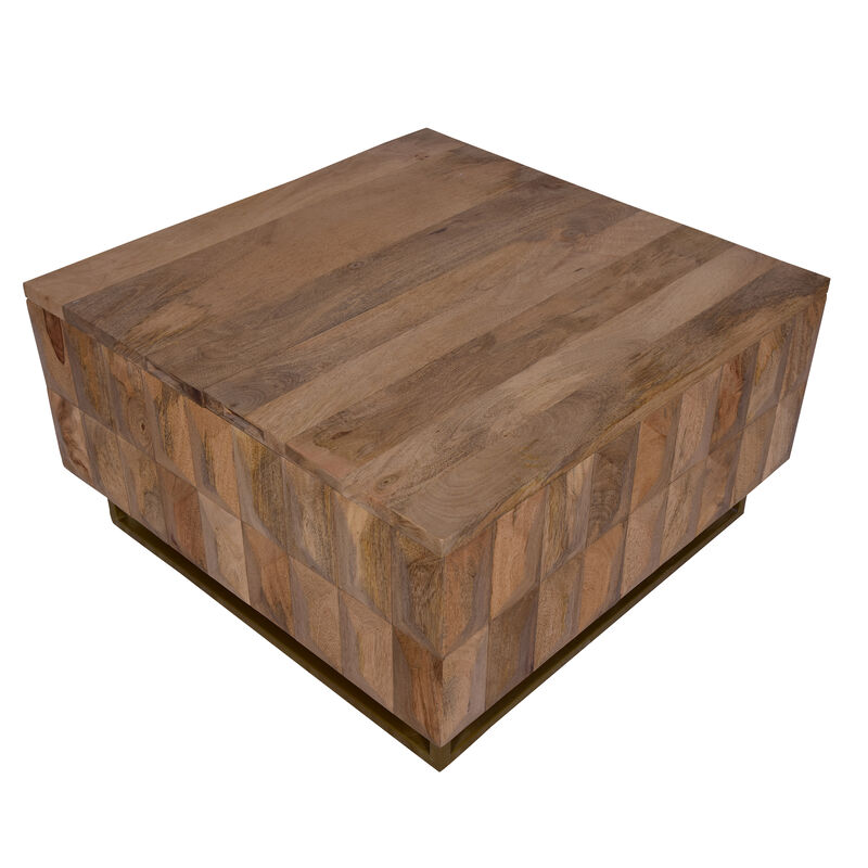 33 Inch Lift Top Storage Trunk Coffee Table, Square, Mango Wood, Natural Brown-Benzara