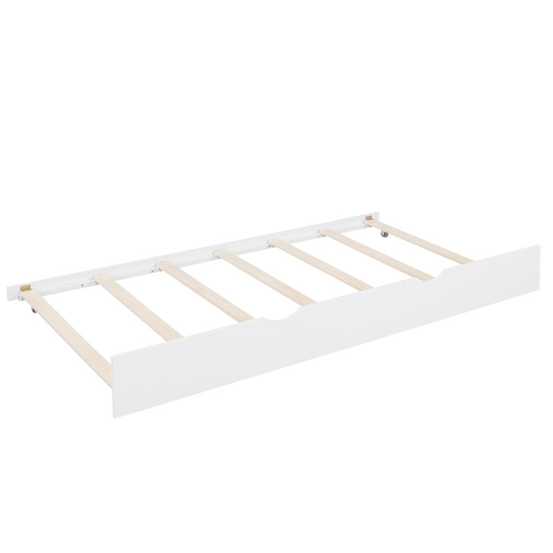 Wooden Twin Size House Bed With Trundle, Kids Bed With Shelf, White