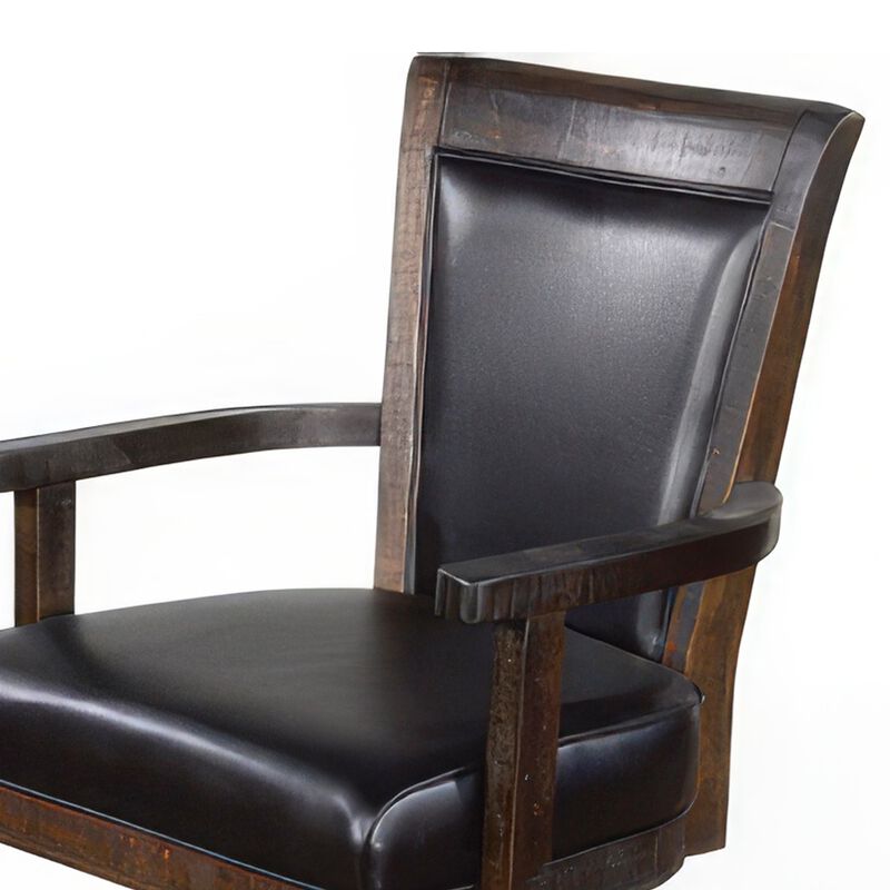 Flint Rolling Swivel Game Chair, Black Faux Leather, Dark Brown Wood - Benzara