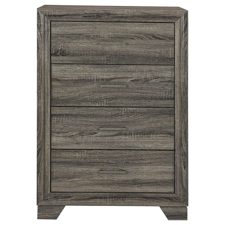 Reay Tall Dresser Chest, Brown Oak, 4 Drawers Silver Metal handles - Benzara