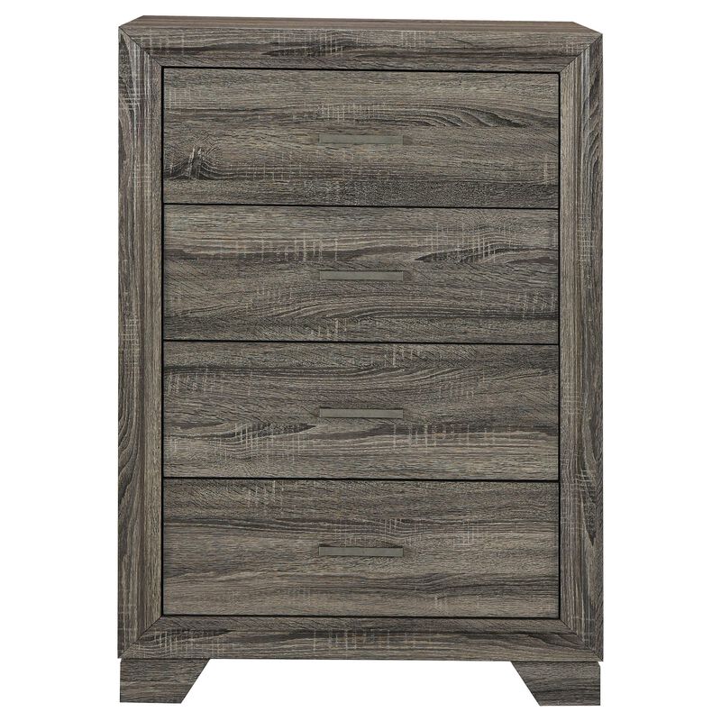 Reay Tall Dresser Chest, Brown Oak, 4 Drawers Silver Metal handles - Benzara