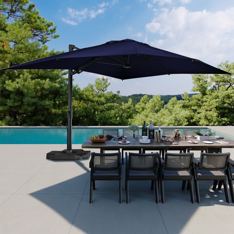 10 ft. 360° Rotation Square Cantilever Patio Umbrella with Base and LED Light in Navy Blue