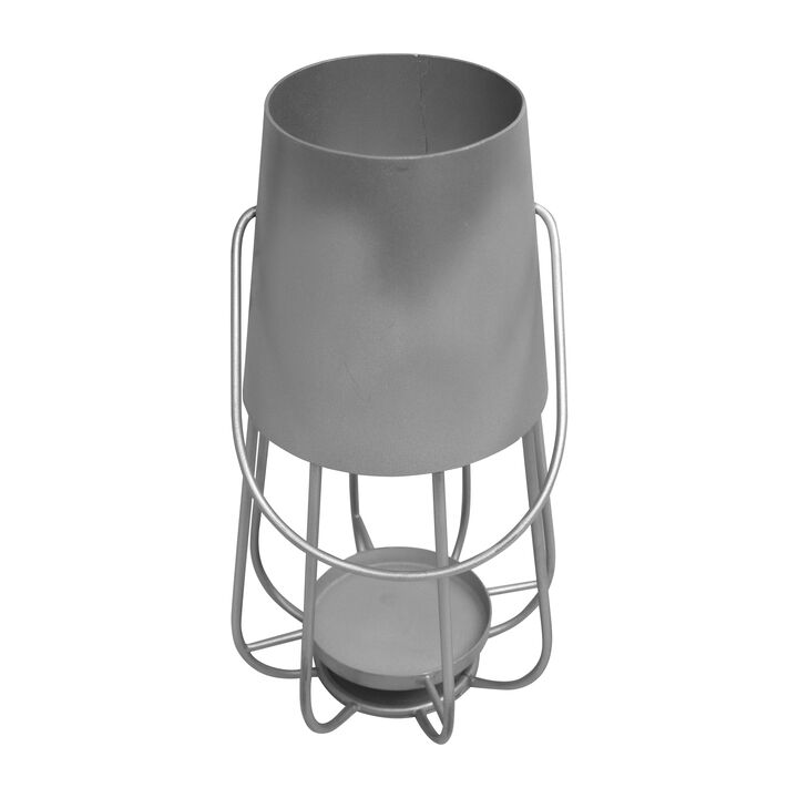Ambient 12 Inch Vintage Style Iron Candle Stand Lantern, Sleek Curved Handle, Metallic Silver-Benzara