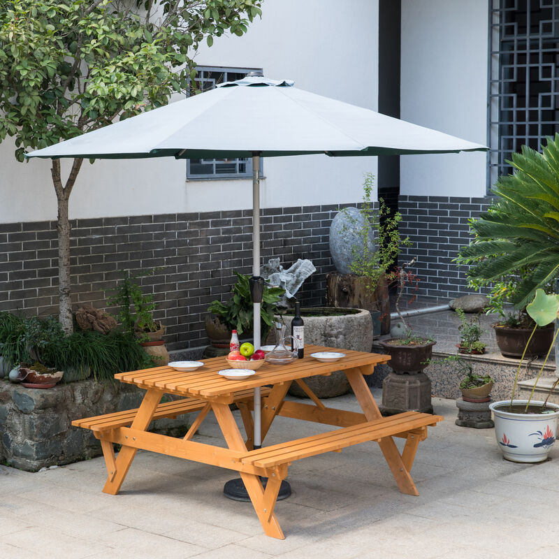 Outdoor Wooden Patio Deck Garden 6-Person Picnic Table, for Backyard, Garden, Stained