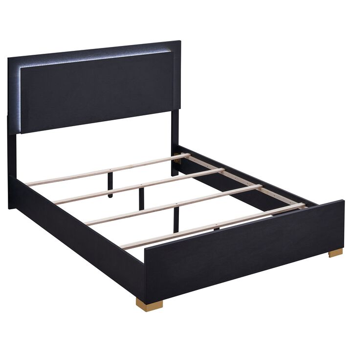 Dex Platform Queen Bed, Panel LED Headboard, Black Wood Melamine Finish - Benzara
