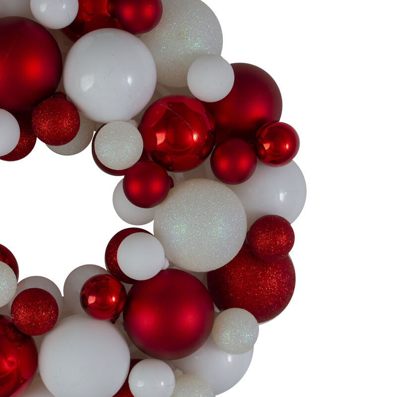 Red and White 3-Finish Shatterproof Ball Christmas Wreath  13-Inch