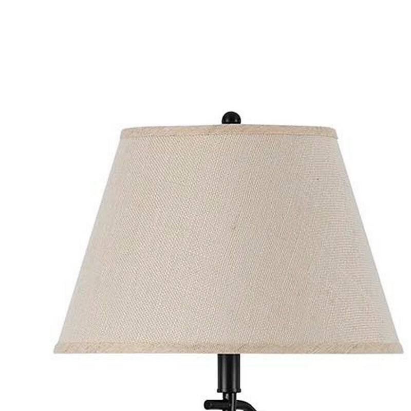3 Way Metal Body Floor Lamp with Swing Arm and Conical Fabric Shade, Black-Benzara