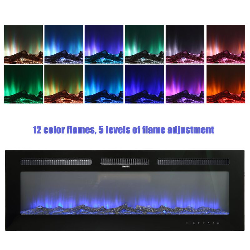 Black 60 in. Wall-Mounted Electric Fireplace with Logs & Crystals, Remote 1500/750W