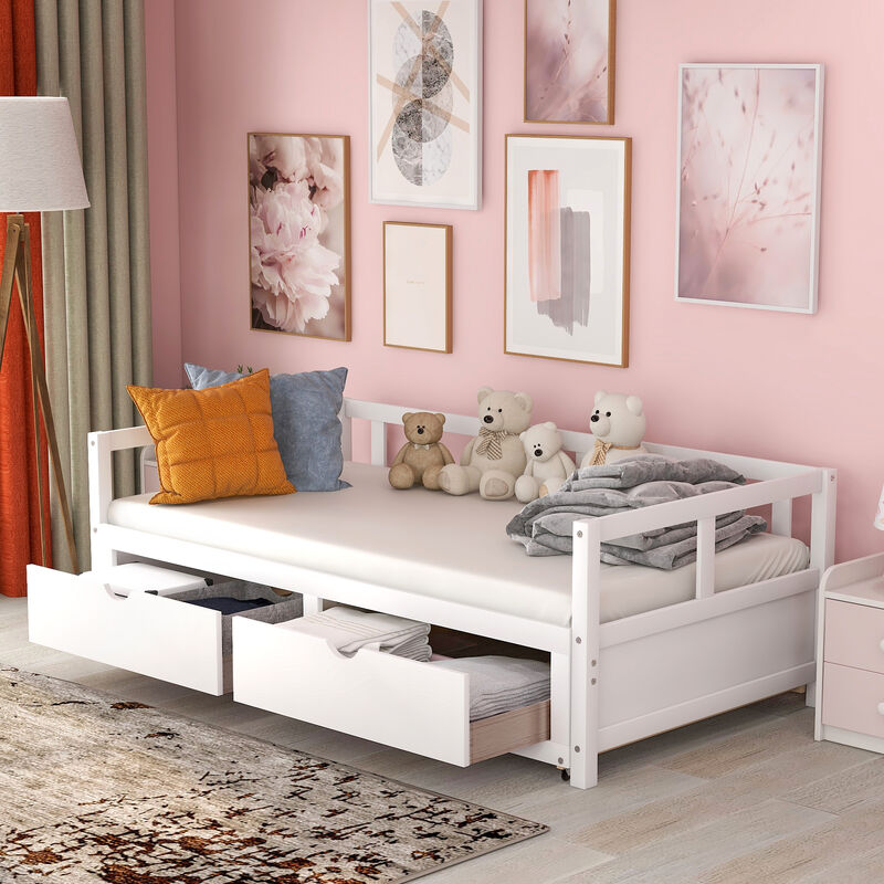 Wooden Daybed with Trundle and 2 Drawers