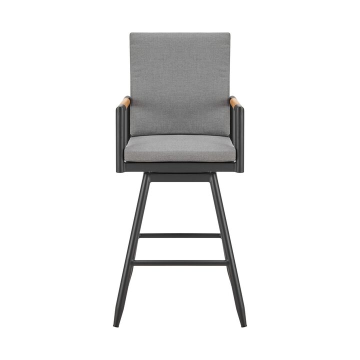 Razi 30 Inch Outdoor Swivel Barstool Chair, Black Aluminum, Gray Cushions - Benzara