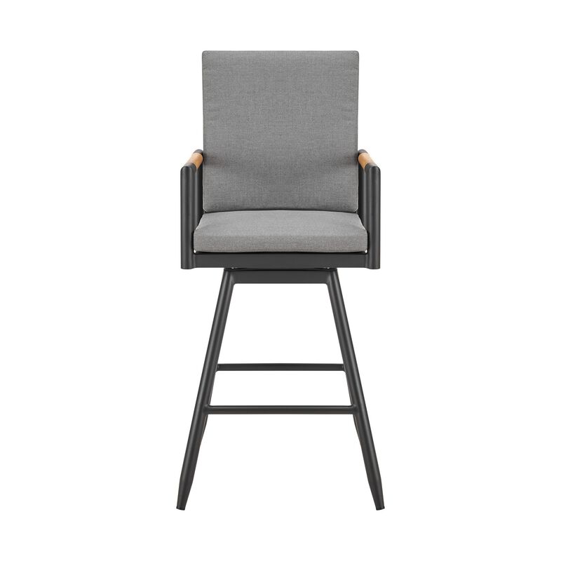 Razi 30 Inch Outdoor Swivel Barstool Chair, Black Aluminum, Gray Cushions - Benzara
