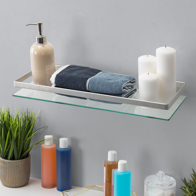 Floating Wall Mount Tempered Glass Bathroom Shelf with Brushed Chrome Rail