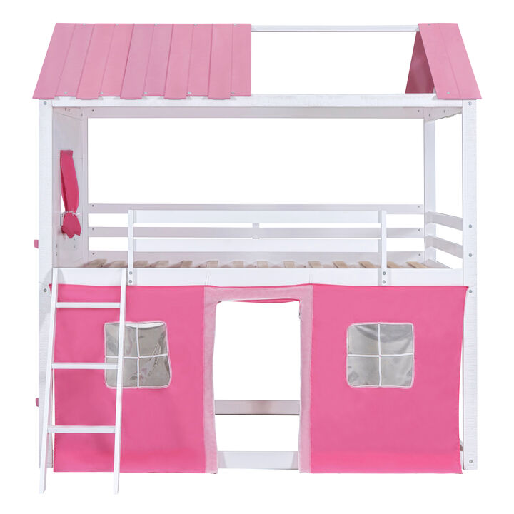 Merax Bunk Wood House Bed with Tent