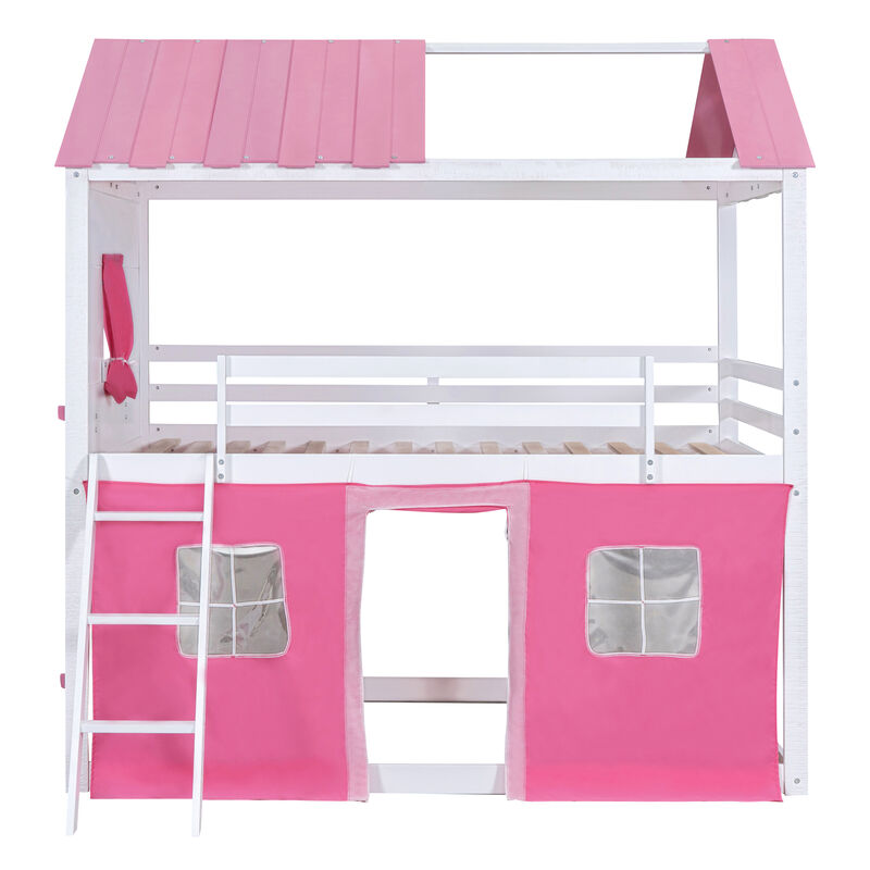 Merax Bunk Wood House Bed with Tent