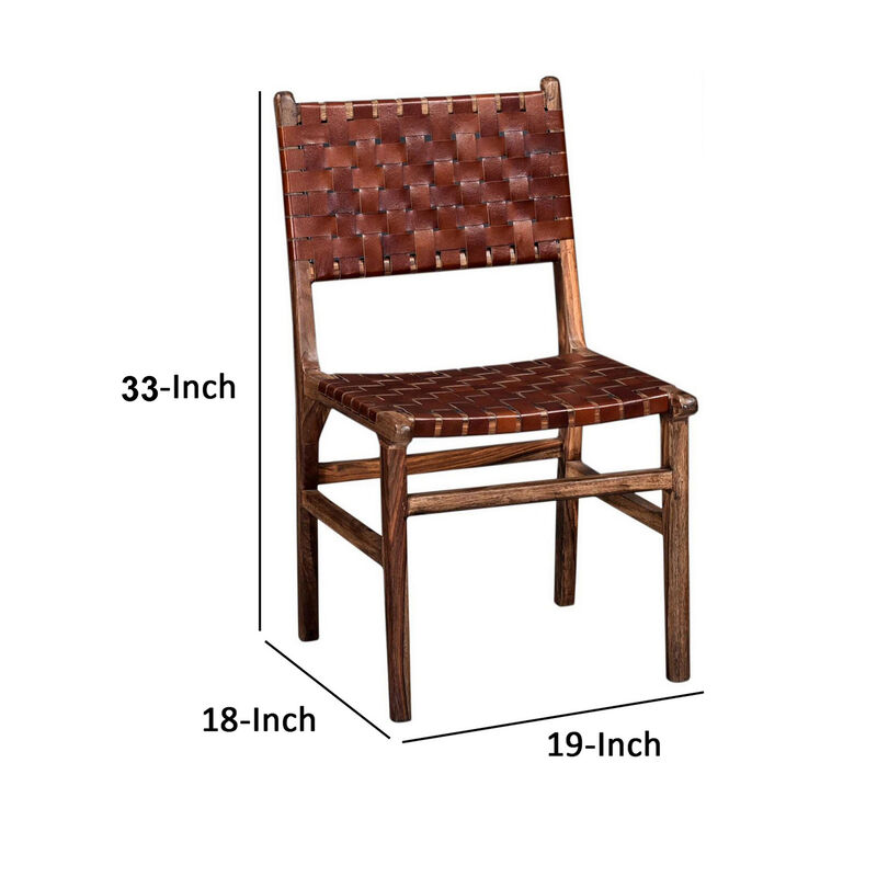 34 Inch Set of 2 Wood Dining Chairs, Leather Woven Back and Seat, Brown - Benzara