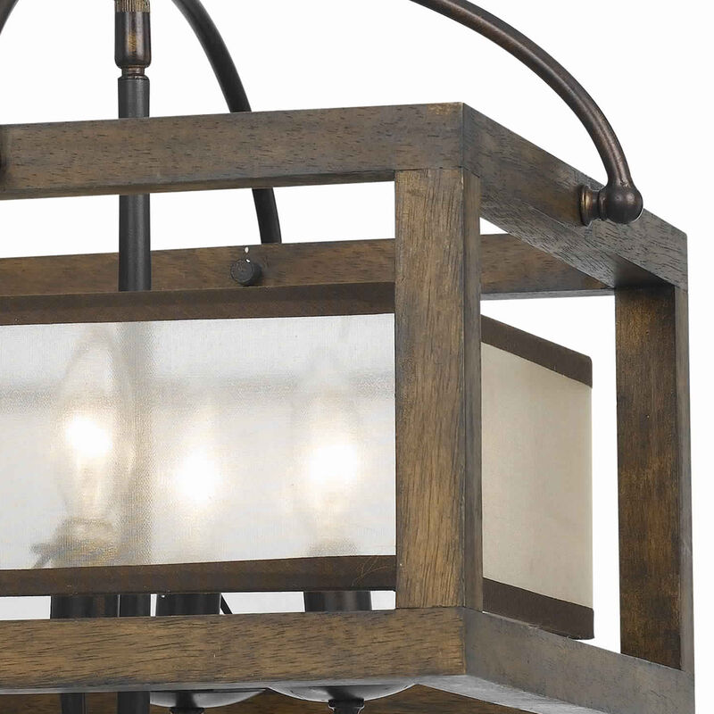 4 Bulb Semi Flush Pendant with Wooden Frame and Organza Striped Shade,Brown-Benzara